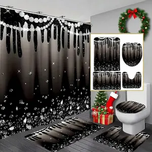 Creative and Silver Color Bath Curtain Set, Includes Bathroom Mat, Toilet Mat, U-Shaped Pad, Polyester Fiber, Home Decor, Christmas Gift