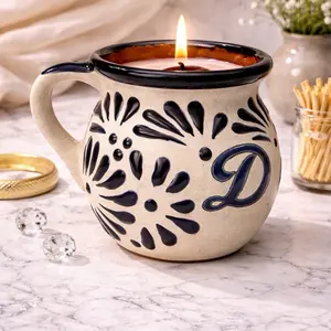 Blue & White D Mug Wooden Wick Decor Candle Ornaments Decoration Woody Handcrafted Design