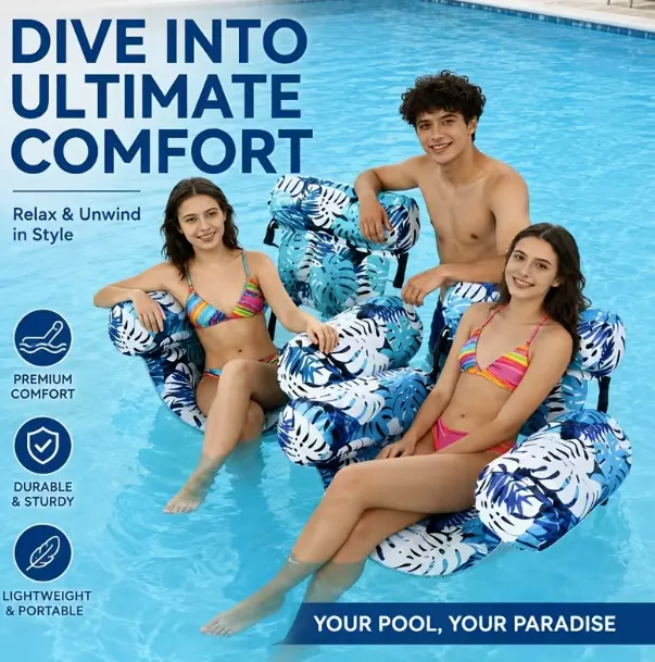 2-Pack Tropical PVC Inflatable Floating Pool Loungers - Waterproof, Compact, Easy Setup, Foldable Water Beds with Headrest, Back Support, Armrest, 2 Seats, Portable for Villa Beach Summer Rest