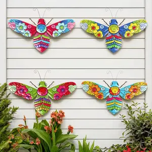 Art Deco Metal Bee Wall Sculptures 4pcs Colorful Floral Design for Home Decor