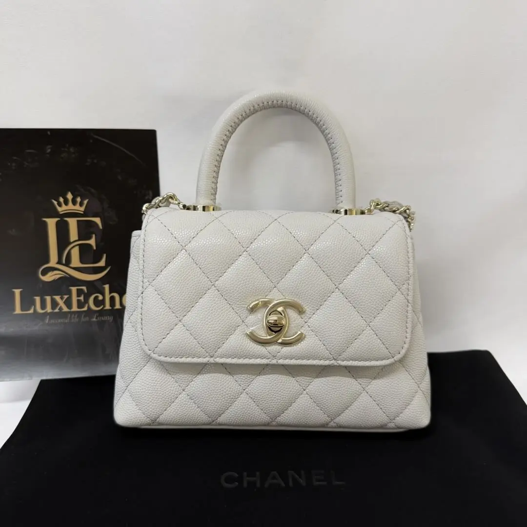 Pre-owned CHANEL Authentic Coco Handle Nano Crossbody Bag Light Grayish Blue Quilted Caviar Leather, Gold Tone Hardware (Chip Version)
