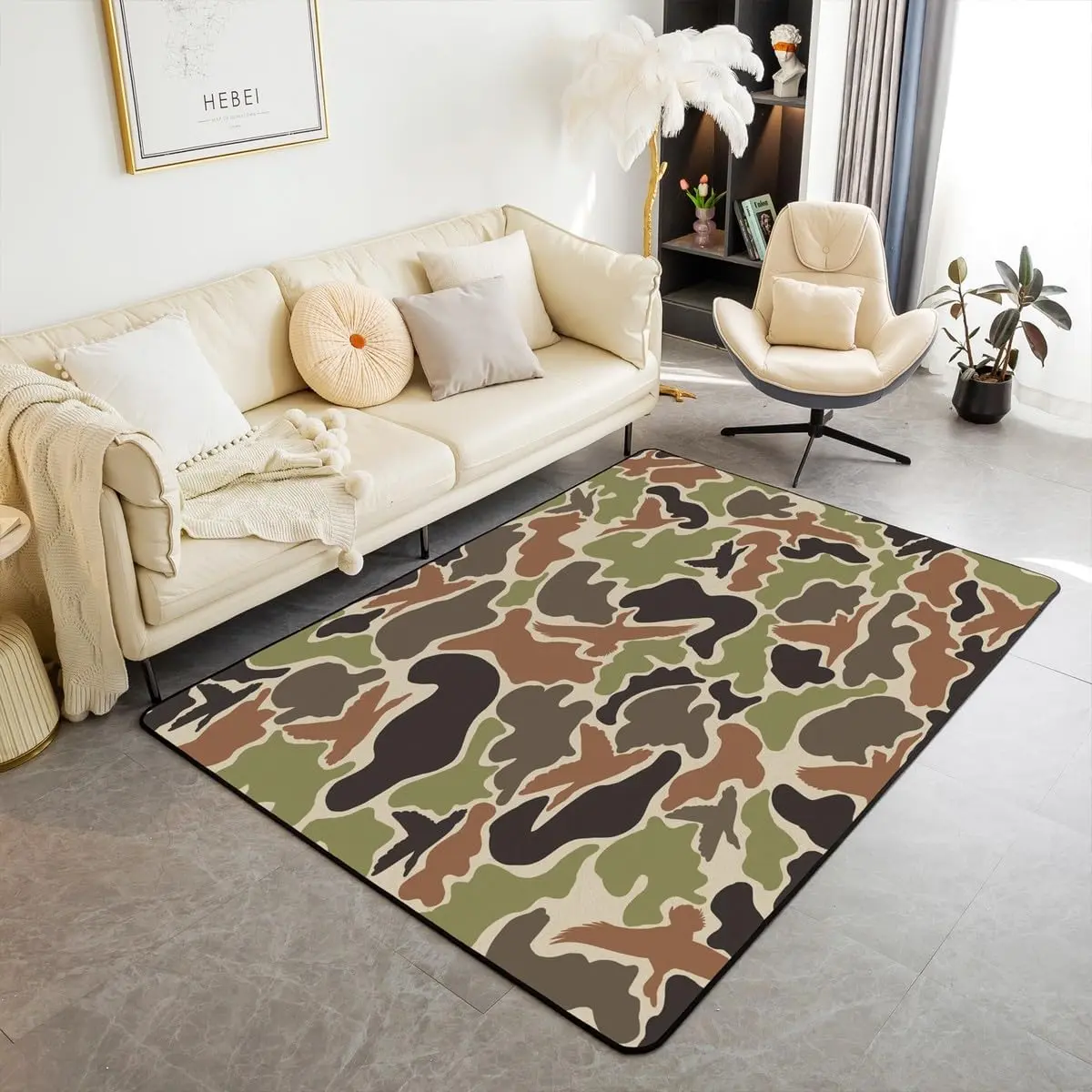 Feelyou Duck Hunter Green Camouflage Area Rug, Army-Inspired Indoor Floor Mat for Boys, Bohemian Style Boho Accent Rug with Black Brown Tones for Living Room Home Decor, Bohemian Style Rugs, Boho Area Rug