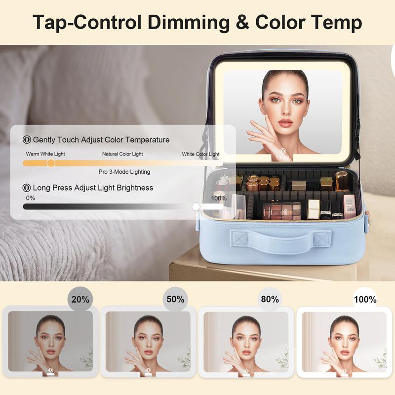 Makeup Bag with LED Mirror, Light Travel Makeup Train Case for Women, Cosmetic Bag Organizer, Portable Artist Storage Bag with Adjustable Dividers Makeup Brushes Storage Organizer and 3 Color Lights