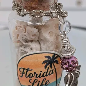 Handcrafted Florida Before Us genuine authentic one of a kind coral filled trinket bottle ornament featuring a wire wrapped shark tooth by ToothRaiders