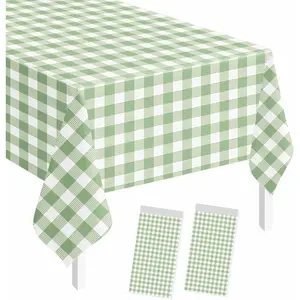 2 Pack Sage Green Gingham Tablecloth Rectangle 54 x 108 Sage Green and White Checkered Table Cloth Disposable Plaid Table Cover Plastic for Birthday Baby Shower Picnic Wedding Party Supplies