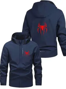 Men's Lightweight Polyester Fashion Hooded Jacket, Spider Print, Front Zipper, Casual Outdoor Spring Summer Coat