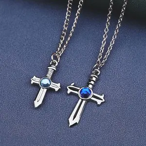Anime Cross Necklace and Keychain with Blue Gem Anime Cosplay Jewelry Fairy Tail Anime Accessories Two-piece Set Elegant Sapphire Cross stainless steel pendant chain semi colon fashion people