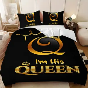 Bedding 3-piece set - 3PCS,Black and gold Q-letter crown queen slogan design down comforter set (1 duvet cover + 2 pillowcases, filling not included). soft and comfortable, suitable for family bedrooms. Quilted Duvet Set