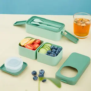 1/2pcs Student Portable Divided Square Lunch Box With Lid, Office Worker Double Layers Rectangular High Quality Plastic Bento Box With Fork, Spoon, Sauce Box Gift, Kitchen Supplies