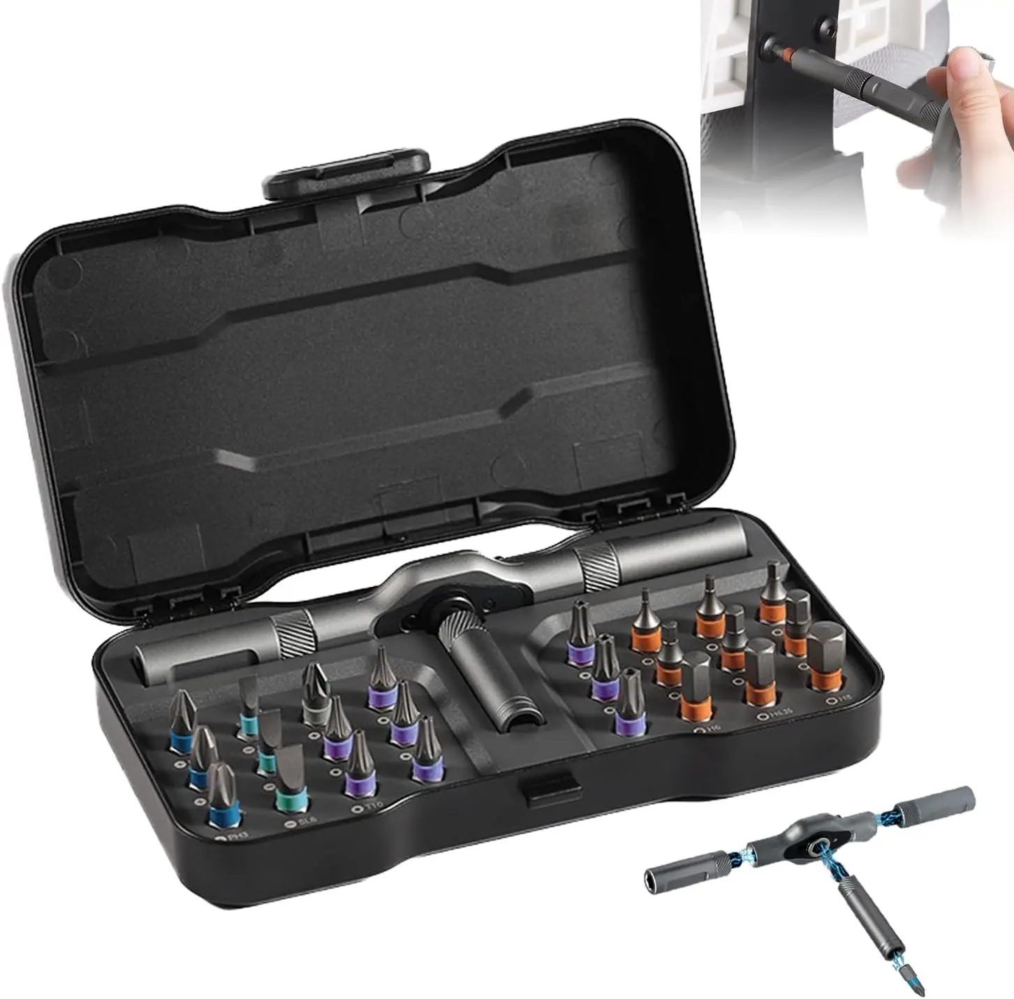 24 in 1  Ratchet  Set, Allen Wrench Ratchet Set, 24 in 1 DIY  Set  Compact and Portable Ratchet  Handle Detachable Versatile for PC, Furniture, Bicycle