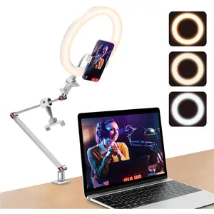 USB 10' Ring Light for Desk with Stand and Phone Holder, Ring Light with Overhead Camera Mount and Adjustable Desk Arm Stand for Photography,Makeup, Zoom Calls, YouTube Videos（White）