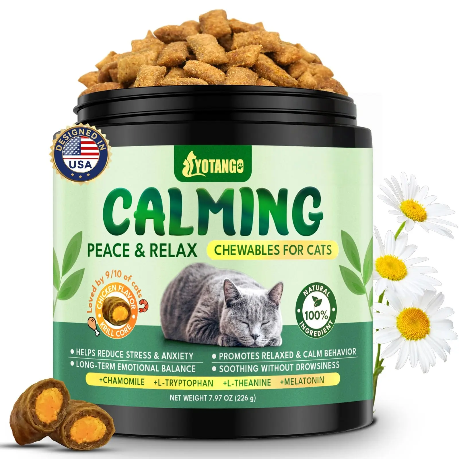 YOTANGO Cat Calming Treats – 500 Crunchy Calming Chews for Cats Kittens, Anxiety Relief & Stress Reduction for Travel, Thunder, Vet Visits, with Chamomile, L-Theanine & L-Tryptophan (Chicken Flavor) #sohochic sohochic