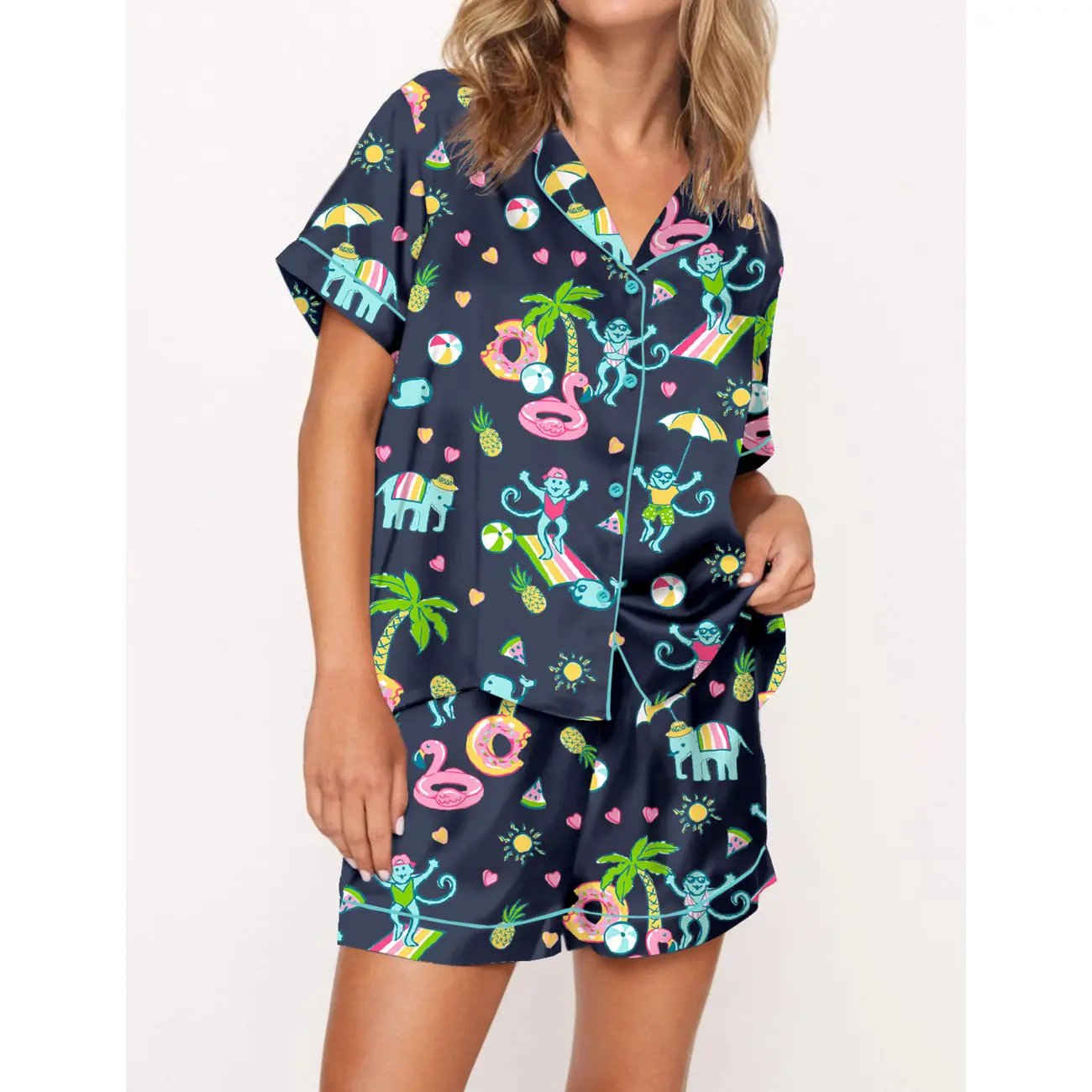 Pool Party Monkey Cotton Pajama Set for Women - Playful and Cozy Sleepwear for Summer Lovers, Perfect for Pool Party Evenings, Beach Vacation Nights, or Relaxed Weekend Mornings