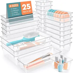 25 PCS Plastic Drawer Organizer Set, 4-Size Versatile Organizer Trays & storage Bins for Makeup, Jewelry, and Gadgets in Bathroom, Bedroom and Office,Clear White