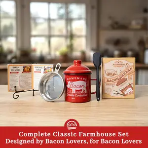 Bacon Grease Container with Strainer - With Food-Grade Spatula and Spoon, Farmhouse Enamel Bacon Grease Saver, Fat Keeper, Recipes, Dishwasher Safe, 15OZ, Red