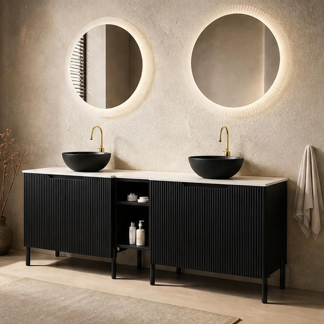 ARCH 72" Freestanding Double Bathroom Vanity with Sinks, Black Ceramic Stone Pattern Vessel Basins, Carrara White Countertop, 2 Striped Storage Cabinets, Removable Open Shelf, Soft Close Doors, Modern Scandinavian Style, MDF Particle Board, Black, Flat-To