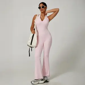 wide leg bodysuit Women’s Backless Halter V-Neck Lace Trim Jumpsuit, Stretchy Moisture-Wicking Yoga Gym Dance Training Flared Pants