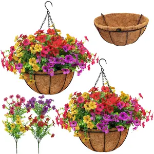 2Sets Artificial Hanging Flowers Baskets with 24 Realistic Daisies & Eucalyptus - UV-Resistant Outdoor/Indoor Decor for Porch, Patio, Balcony, Yard - Includes Hanging Baskets & Greenery summerwins