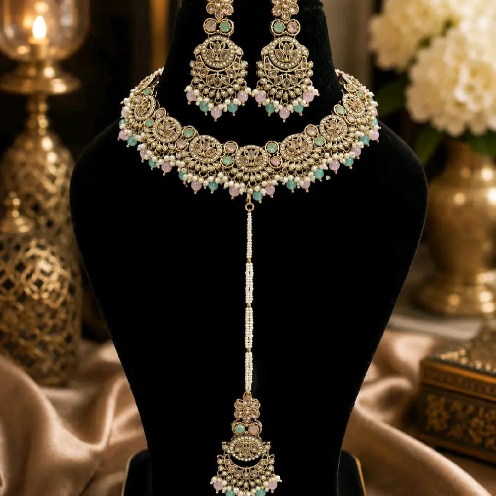 Polki 3-Piece Jewelry Set - Includes Earrings, Tikka, Necklace for All Occasions