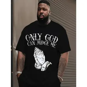 Men's Plus Size "God Can Judge Me" Graphic T-Shirt Black Short Sleeve Crewneck with Prayer Hands Design Summer Casual Wear Blend Machine Washable PLUS SIZE Tees Plus Size 4XL 5XL Unisex T-shirt