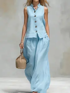 Women's Summer Sleeveless Stand Collar Button Front Pocket Cardigan + Casual Long Pants Set, Comfortable Soft Fabric, Fashion