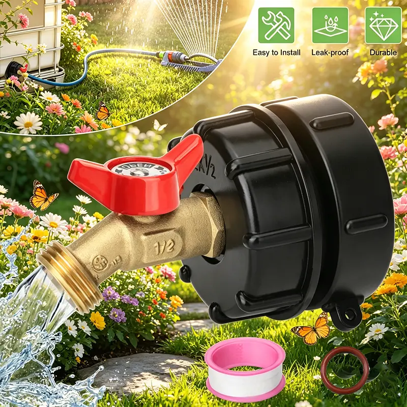 275-330 Gallon IBC Tote Tank Leakproof Brass Faucet - 2.44" Fine Thread Adapter,Fittings 1/2" Male NPT ×3/4" Male GHT,Garden Quick Connect Accessory for Rainwater Collection Tank