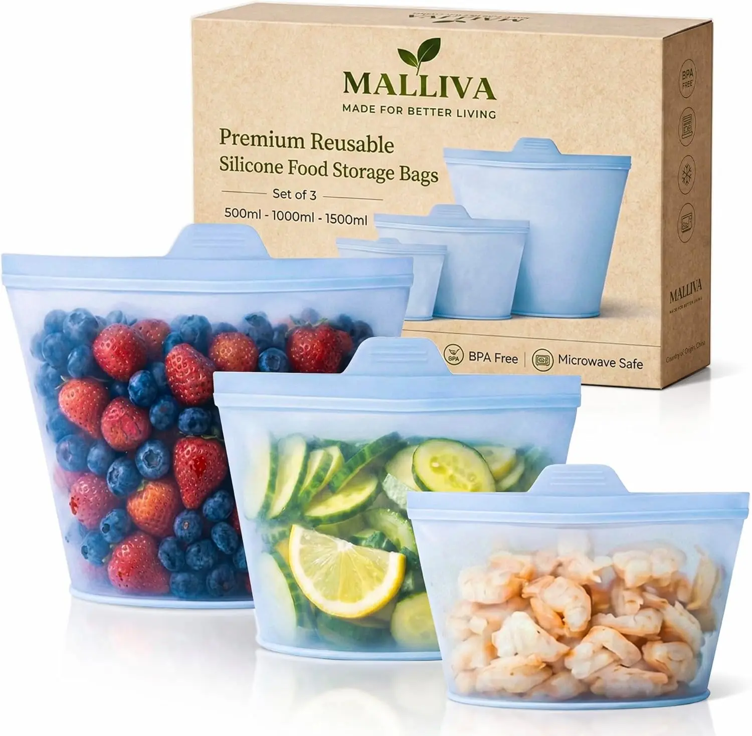 Reusable Silicone Food Storage Bags, 3 Pack (17oz, 34oz & 51oz), Stand Up Ziplock Bags for Meal Prep, Snacks & Sandwiches, Travel, BPA Free, Freezer, Microwave & Dishwasher Safe