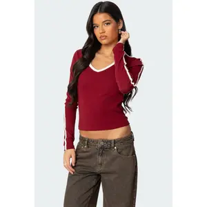 Contrast V Neck Long Sleeve T Shirt