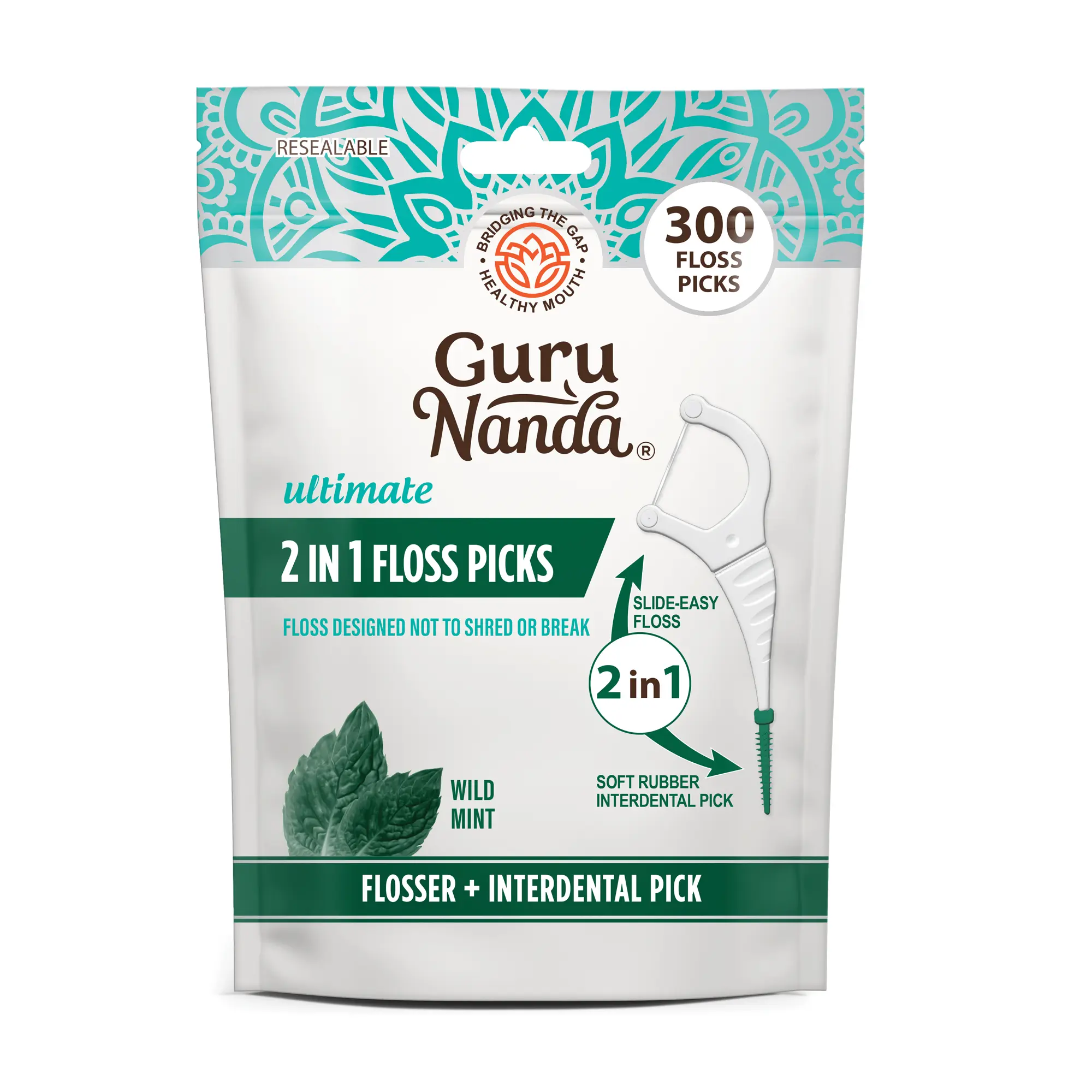 GuruNanda 2 in 1 Dental Floss Picks with Interdental Pick, Complete Oral Care for Healthy Teeth & Gums, Non-Slip Grip Handle, No Break or Shred Flosser, Mint Flavor, 300 Ct