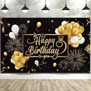 Happy Birthday Backdrop Banner Sign Poster Large Fabric Glitter Balloon Fireworks Sign Birthday Photo Backdrop Background for Birthday Party Decoration Supplies, 72.8 x 43.3in ( Black and Gold)
