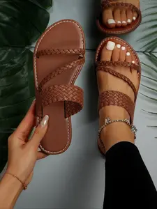 Women's Fashionable Braided Design Loop Toe Slip on Sandals, Casual Flat Sandals for Beach, Outdoor, Daily Wear, Braided Band Sandals