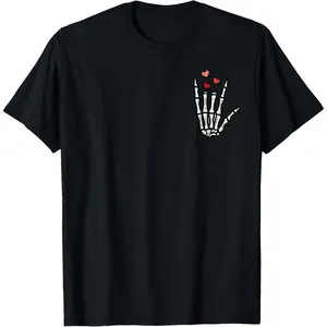 ASL "I Love You" Skeleton Hand T-Shirt, Valentine‘s Day Graphic Tee with Heart Pocket for Men & Women