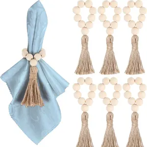 6PC Hotel Western Restaurant Napkin Buckle Log Bead Hemp Rope Tassel Napkin Ring Nordic Pastoral Napkin Ring Pendant Ornament