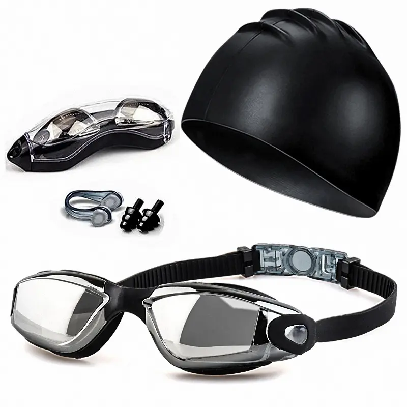 Adult Swimming Set HD Anti-Fog Electroplated Goggles Set Waterproof Silicone Nose Clip Earplugs Swim Cap Goggles Set Swim Glasses Outdoor Sports Eyewear