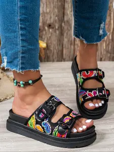 Women's Vintage Bohemian Embroidered Thick Sole Slippers, Outdoor Versatile Dual Buckle Sandals, Unique Design One-Row Slipper, Fashionable Slides