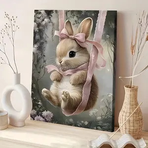A uniquely styled framed canvas print featuring a charming rabbit in a hanging chair, adorned with pink lace and butterflies—perfect for home decor, festive occasions, and as a gift for him or her.