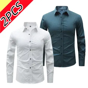 Men’s two-piece long-sleeve shirt set with a polka dot print, business-casual style, classic small polka dot details, single-breasted slim fit, versatile breathable and comfortable fabric
