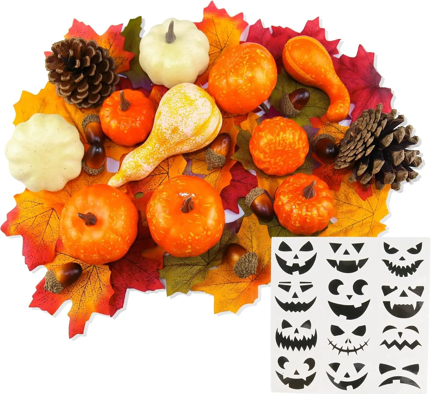 Pumpkins Fall Decorations for Home: 50pcs Plastic Mini Pumpkins Set Including Fake Leaves, Acorns, Pinecones, Gourds for Halloween Thanksgiving Harvest Decor & Centerpiece Table Decorations