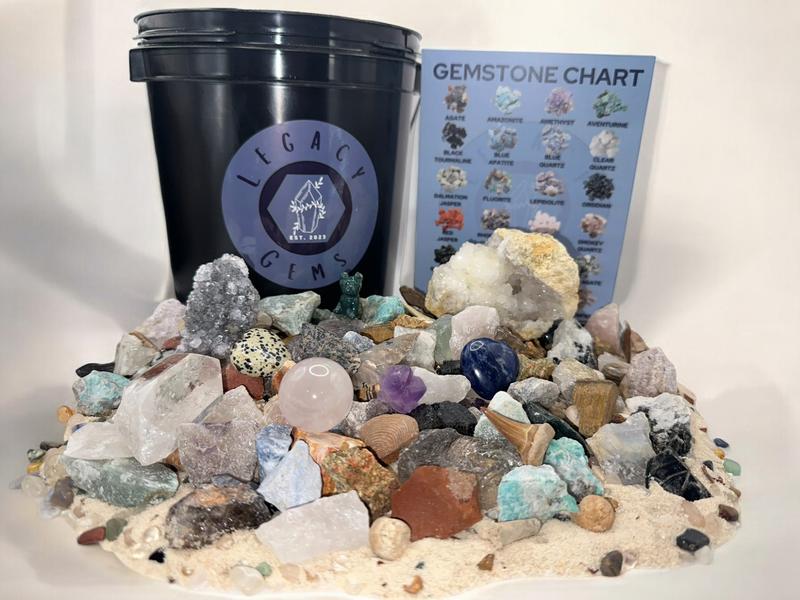 Mega Crystal Gem Mining Bucket - 1 Gallon Bucket, 12 -14 lbs Total - Over 5 lbs of Gemstones and Crystals and Pyrite