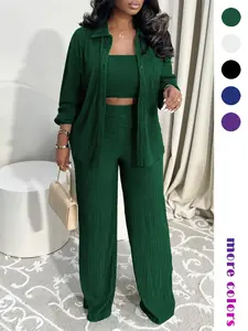 Women's Elegant Three-Piece Set, Vacation Style Solid Color Pleated Fabric, Lapel Pocket Front Button Casual Shirt Top Tank Straight Leg Pants