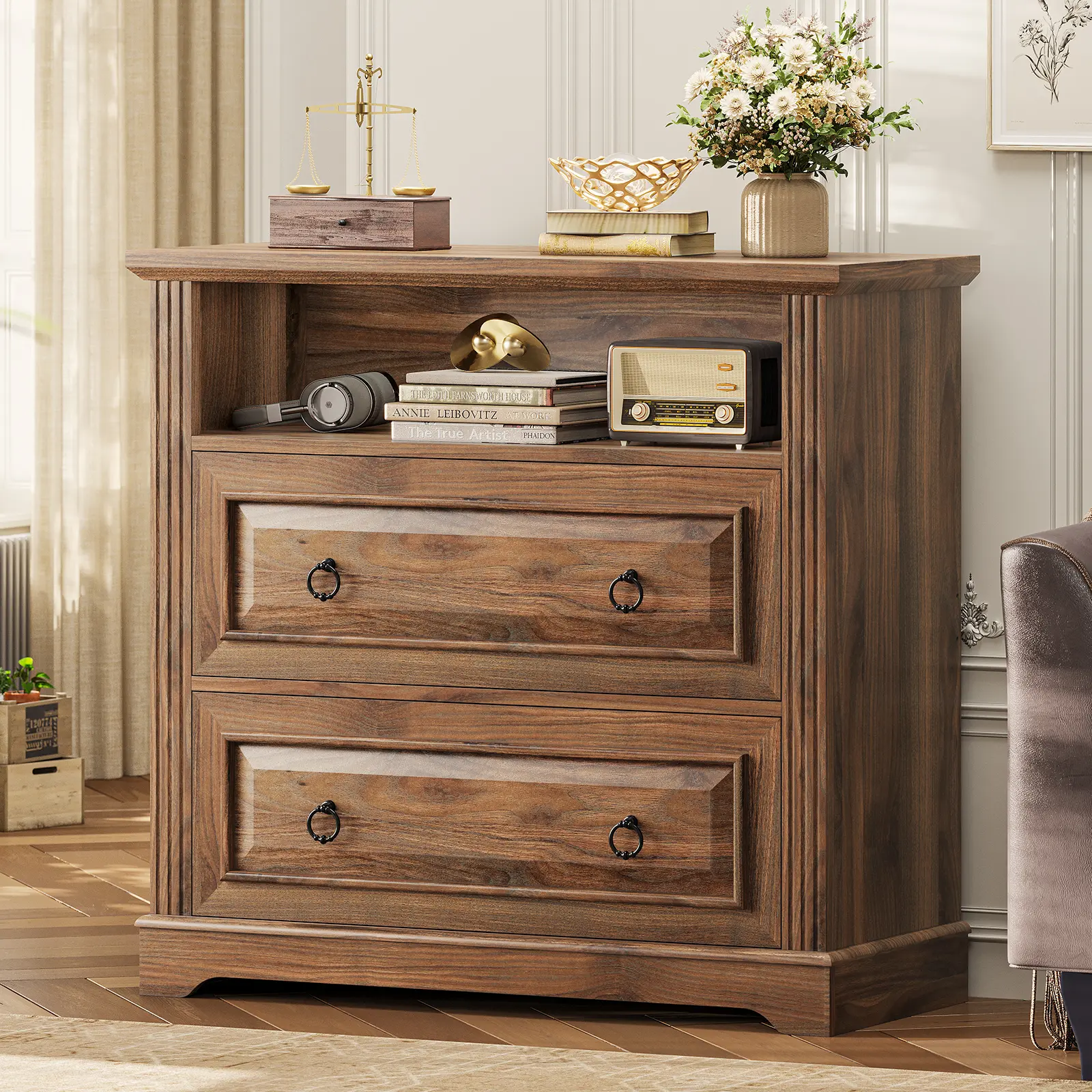 Sedeta 33.8 in Grooved 2-Drawer Farmhouse Wood Lateral File Cabinet - Easy Setup, Wooden Construction, Printer Stand, Storage Shelf, Storage Drawer Platform, Wood Drawers