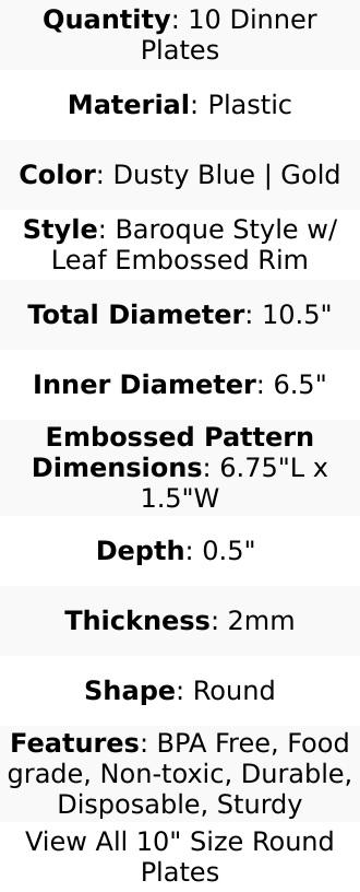 10-Pack Plastic Round Dinner Plates 10" Dusty Blue with Gold Leaf Embossed Rim - Vintage Baroque Style Disposable Plates