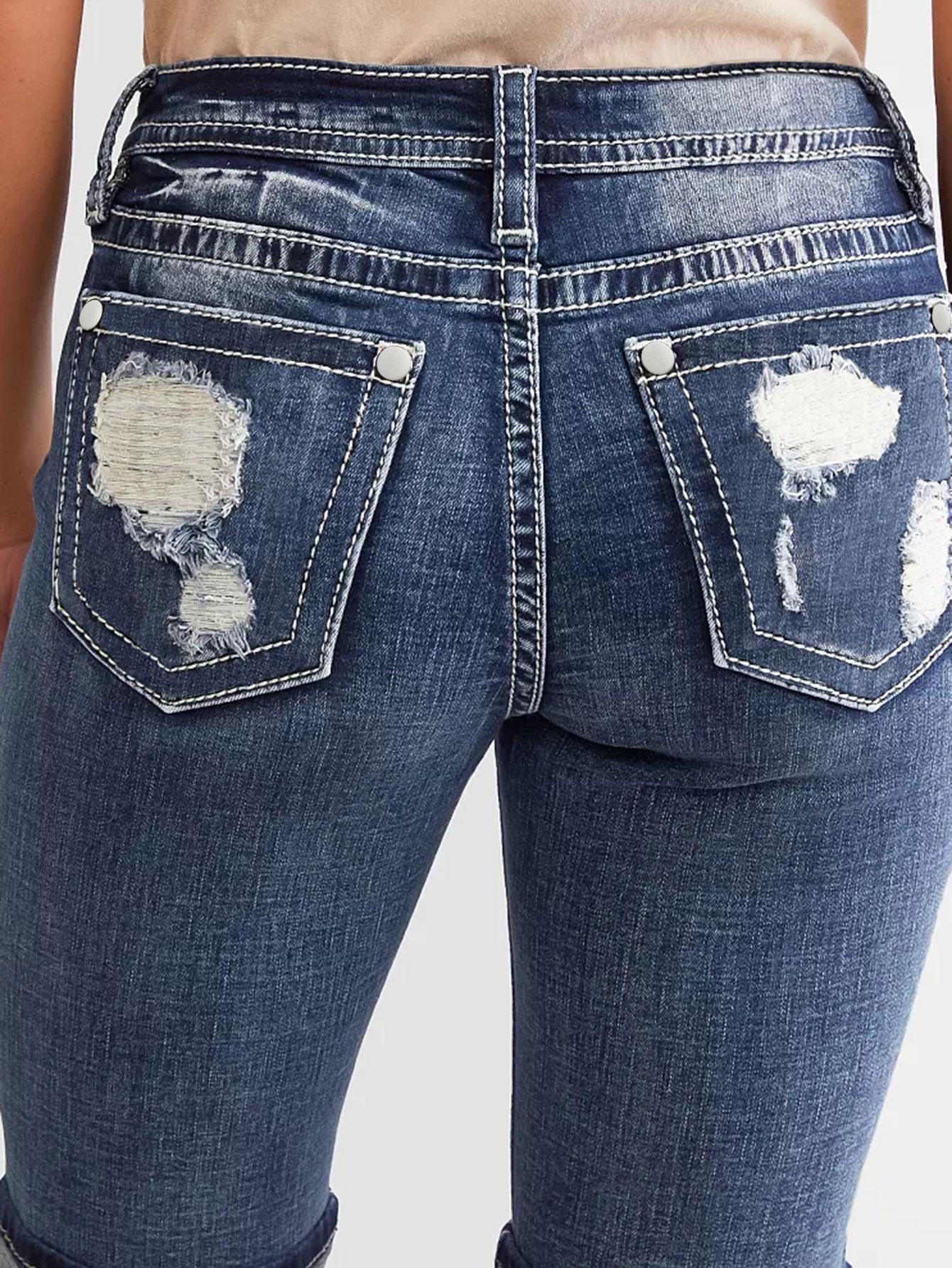 Women Skinny Denim Shorts Back Embroidery Ripped Frayed Raw Hem Distressed Casual