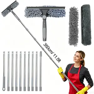 Adjustable Window Cleaner Kit, Window Cleaning Tool, 1 Set 2-in-1 Washer & Squeegee, Multifunction Microfiber Cloth with Scraper & Stainless Steel Handle