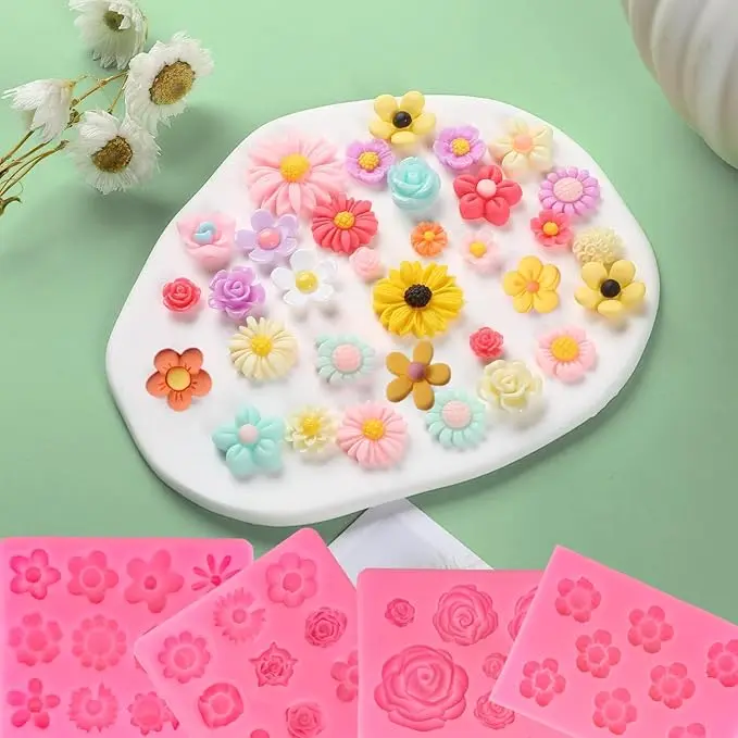 Set of 4 cake decoration silicone molds, Sugar flipping flower rose daisy small flower shaped silicone mold, cake chocolate soft clay drip mold