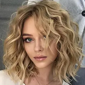 Fashion Gradient Golden Dyed Top Short Curly Wig for Women, Side Parted Synthetic Hair Cap