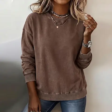 Women’s cotton vintage washed crewneck sweatshirt, soft and skin-friendly long-sleeve pullover, solid color autumn/winter basic casual sweatshirt
