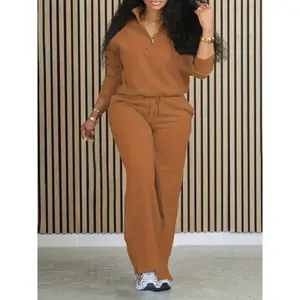 two piece set women Women's Polyester And Elastane Vacation Set, Includes Top And Bottom, Small Collar, Drawstring Pants, And Zipper, All-Season Casual Outfit