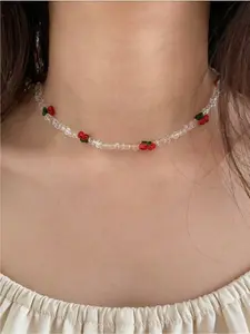 Sweet Cherry Beaded Choker Necklace, Transparent Rice Beads Small Cherry Necklace, Summer All-Season Casual Gift for Friends and Girlfriend