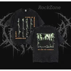 180g[100%cotton]Vintage Washed Type O Negative October Rust T Shirt Men Women Retro Gothic Rock Band Tee Casual Streetwear Oversized Graphic Short Sleeve Shirt Cool Concert Top Punk Rock Fashion Apparel Acid Wash Distressed Aesthetic Y2K Style goth shop